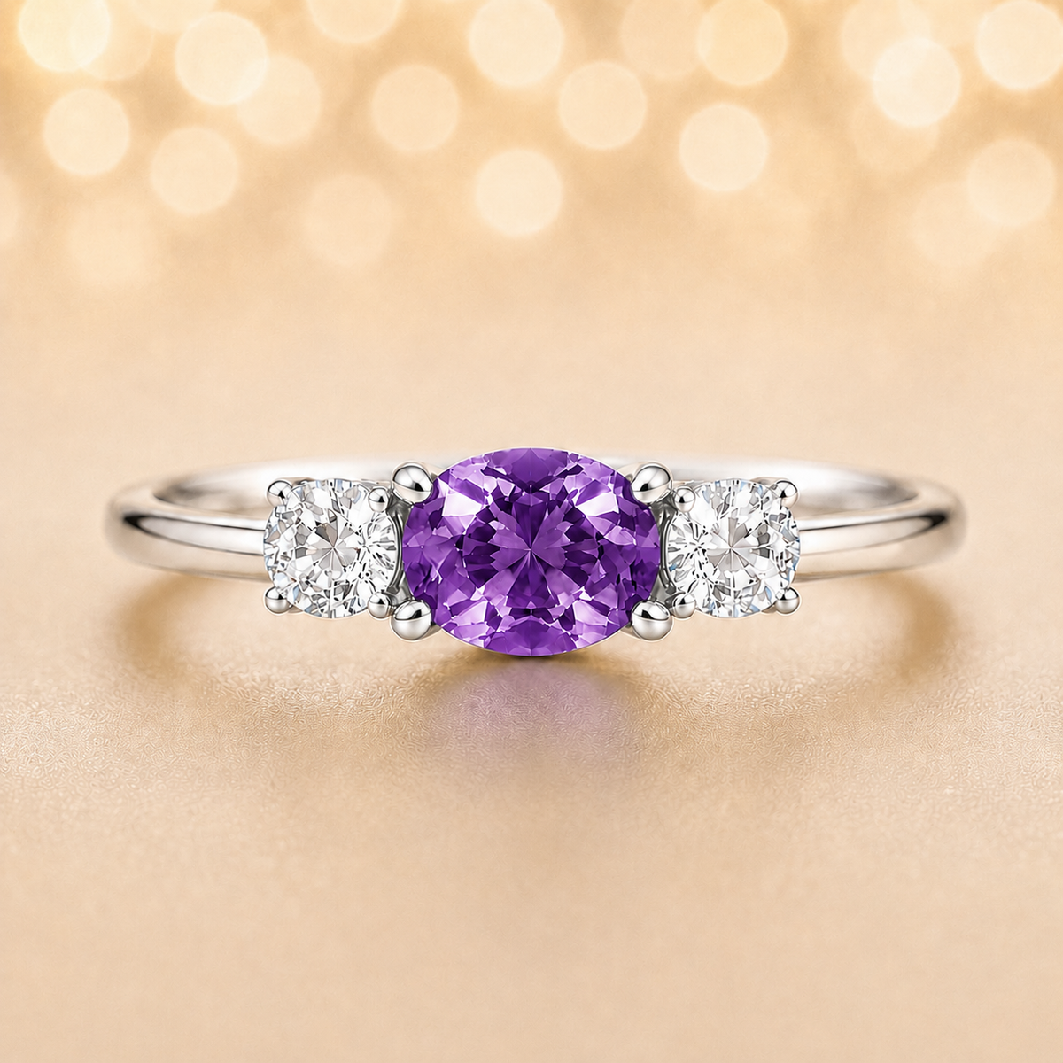 Purple sapphire ring, 5×4 mm oval with moissanite accents in white gold-plated 925 silver. Elegant and hypoallergenic. Available now at BSI Jewelry.
