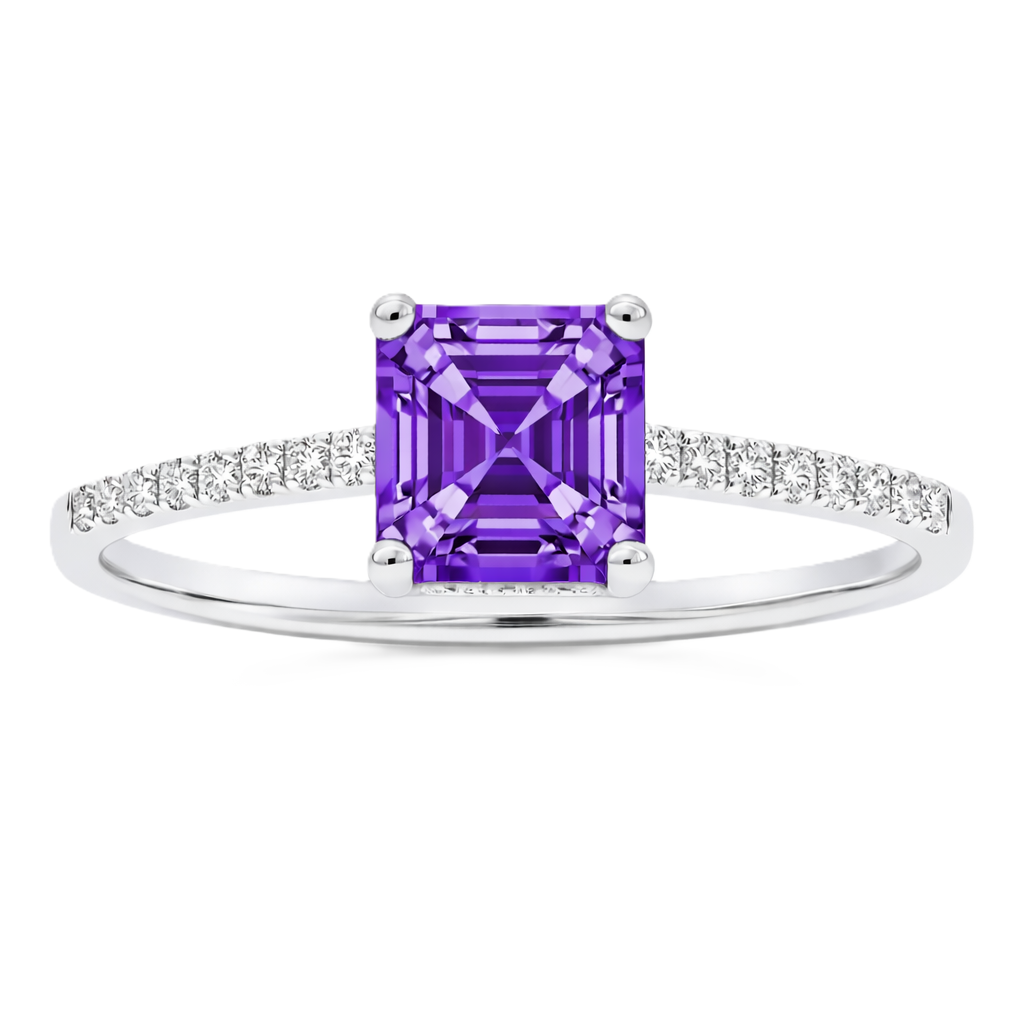 Purple sapphire ring, 6 mm Asscher, set in white gold-plated 925 silver. Hypoallergenic and elegant for daily wear. Available now at BSI Jewelry.