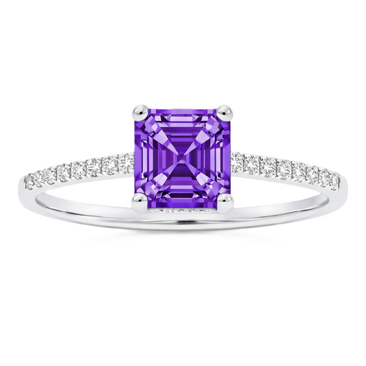 Purple sapphire ring, 6 mm Asscher, set in white gold-plated 925 silver. Hypoallergenic and elegant for daily wear. Available now at BSI Jewelry.