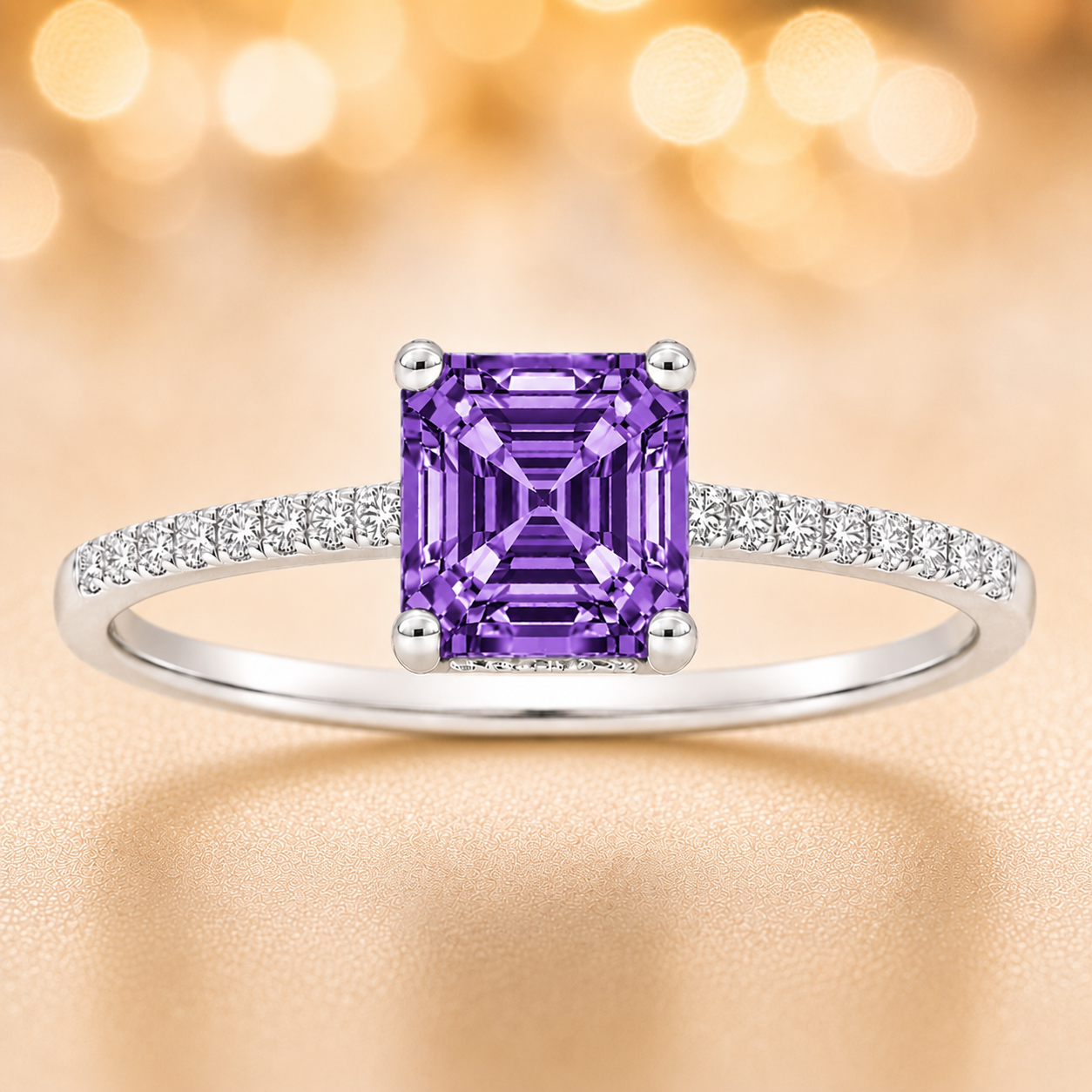 Purple sapphire ring, 6 mm Asscher, set in white gold-plated 925 silver. Hypoallergenic and elegant for daily wear. Available now at BSI Jewelry.