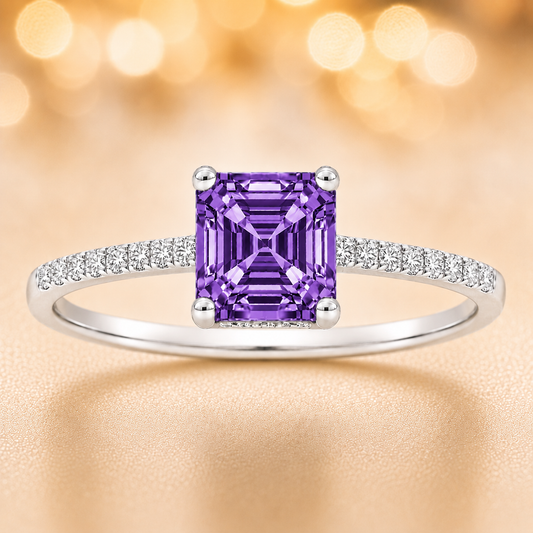 Purple sapphire ring, 6 mm Asscher, set in white gold-plated 925 silver. Hypoallergenic and elegant for daily wear. Available now at BSI Jewelry.