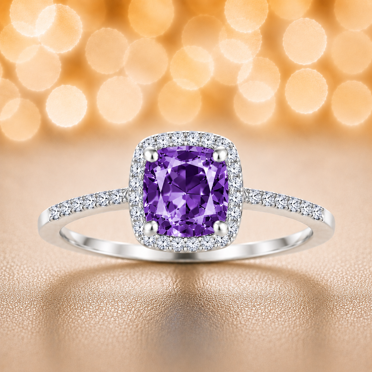 Purple sapphire ring with a 6 mm cushion cut, accented by moissanite in white gold-plated 925 silver. Elegant and timeless. Available now at BSI Jewelry.