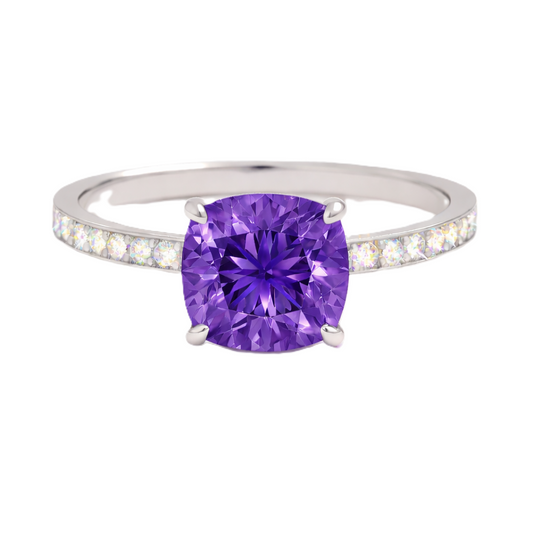 Purple sapphire ring, 6 mm cushion, crafted in white gold-plated 925 silver. Hypoallergenic and elegant for daily wear. Available now at BSI Jewelry.