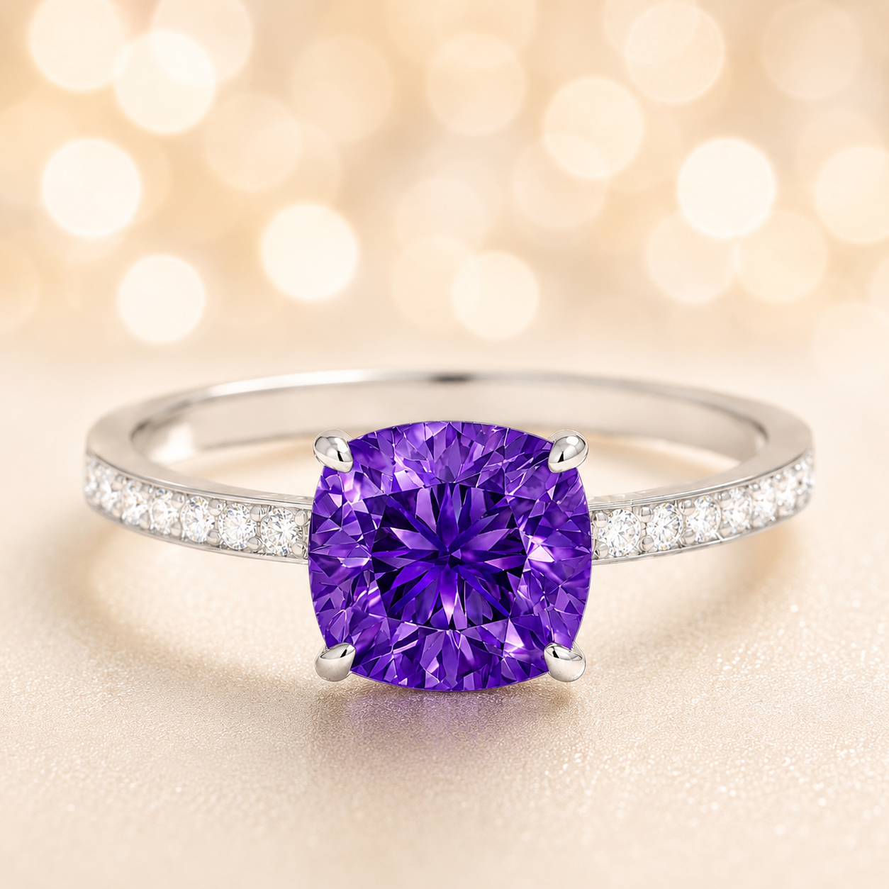 Purple sapphire ring, 6 mm cushion, crafted in white gold-plated 925 silver. Hypoallergenic and elegant for daily wear. Available now at BSI Jewelry.