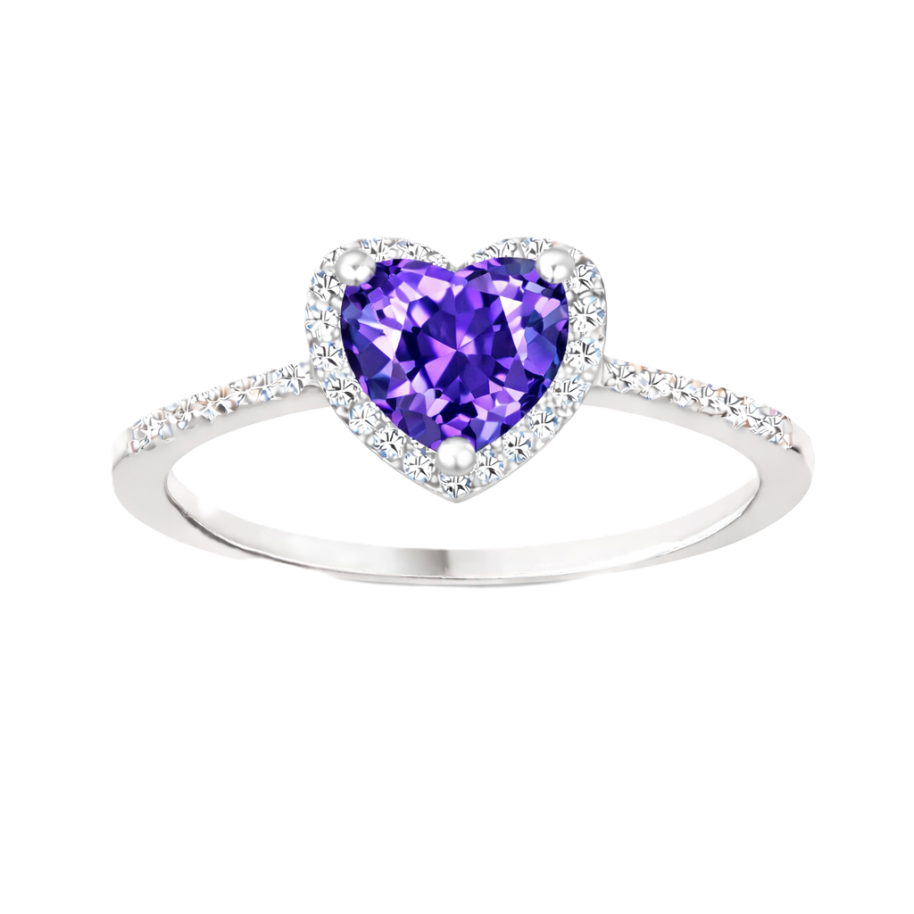 Purple sapphire ring with a 6 mm heart cut, accented by moissanite in white gold-plated 925 silver. Elegant and timeless. Available now at BSI Jewelry.