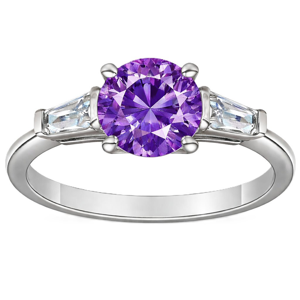 Purple sapphire ring, 6 mm round, with tapered moissanite accents in white gold-plated 925 silver. Rich and elegant. Available now at BSI Jewelry.