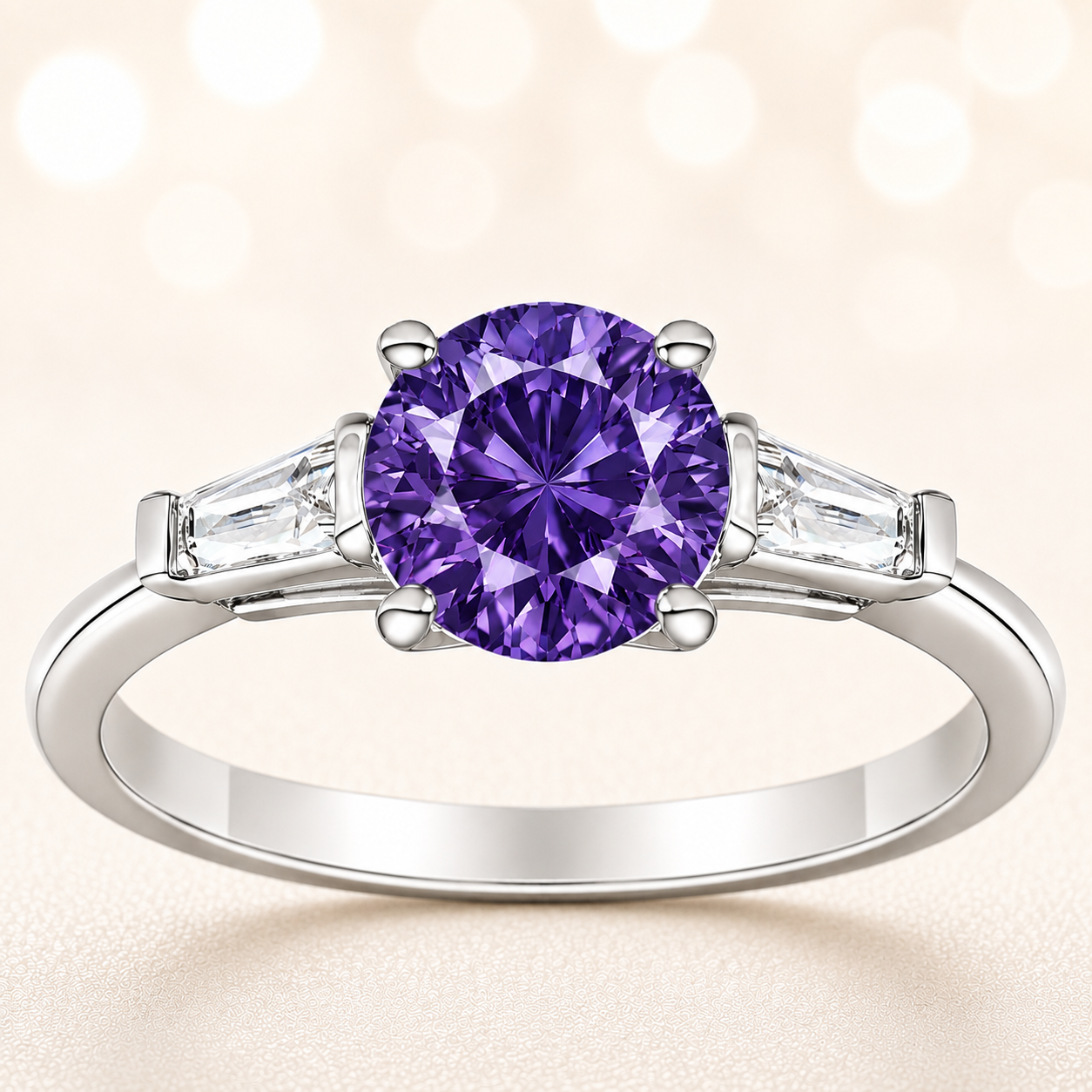 Purple sapphire ring, 6 mm round, with tapered moissanite accents in white gold-plated 925 silver. Rich and elegant. Available now at BSI Jewelry.