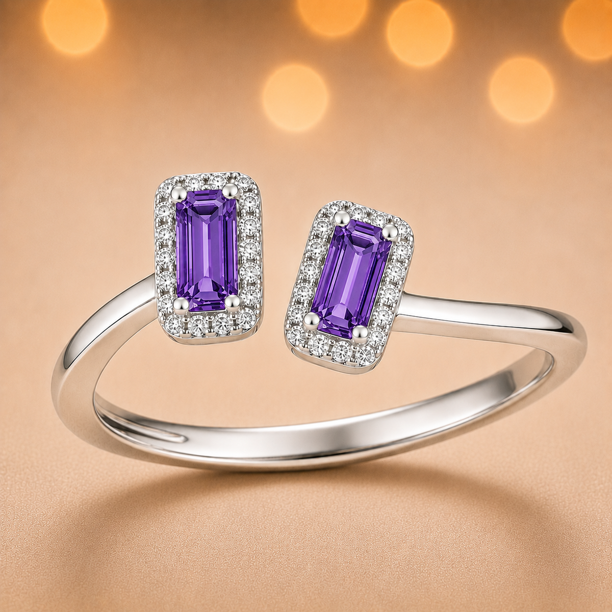 Purple sapphire ring with 6×3 mm baguette cut stones in white gold-plated 925 silver, accented with moissanite. Modern and elegant. Available now at BSI Jewelry.