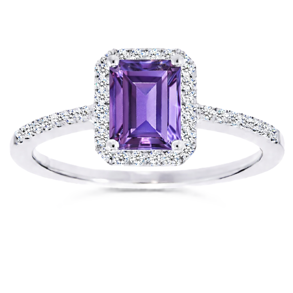 Purple sapphire ring with a 7×5 mm emerald cut, with moissanite in white gold-plated 925 silver. Elegant and timeless for daily wear. Available now at BSI Jewelry.
