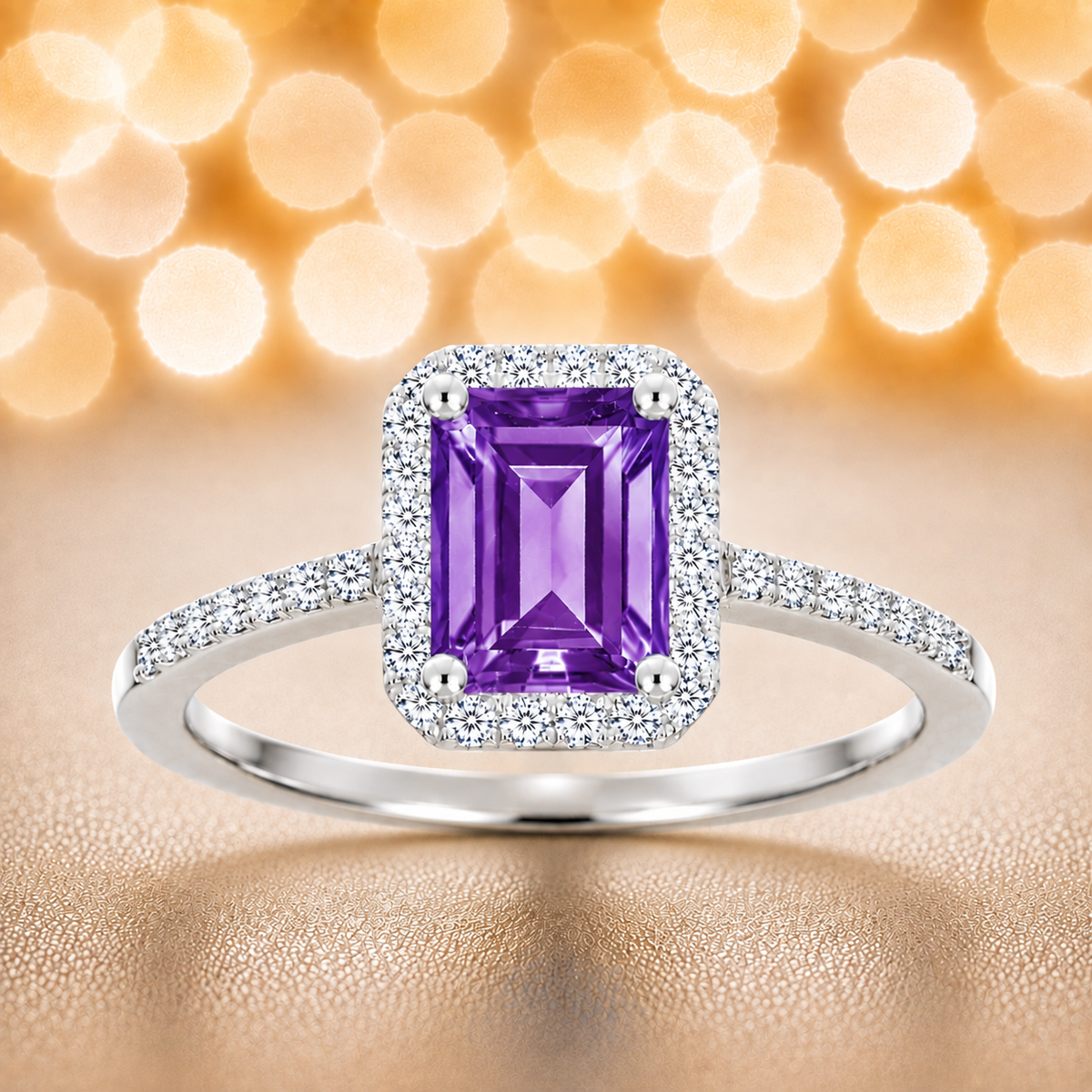 Purple sapphire ring with a 7×5 mm emerald cut, with moissanite in white gold-plated 925 silver. Elegant and timeless for daily wear. Available now at BSI Jewelry.
