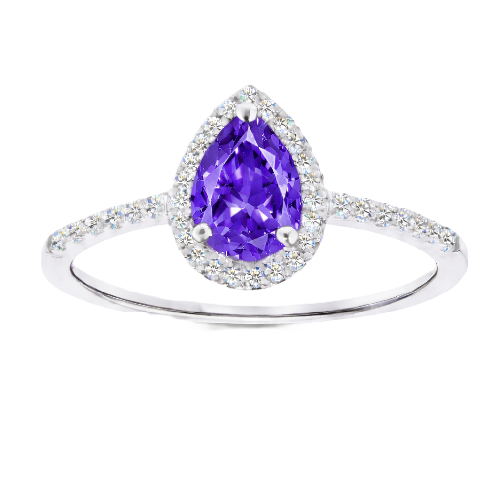 Purple sapphire ring with a 7×5 mm pear cut, with moissanite in white gold-plated 925 silver. Elegant and timeless for daily wear. Available now at BSI Jewelry.