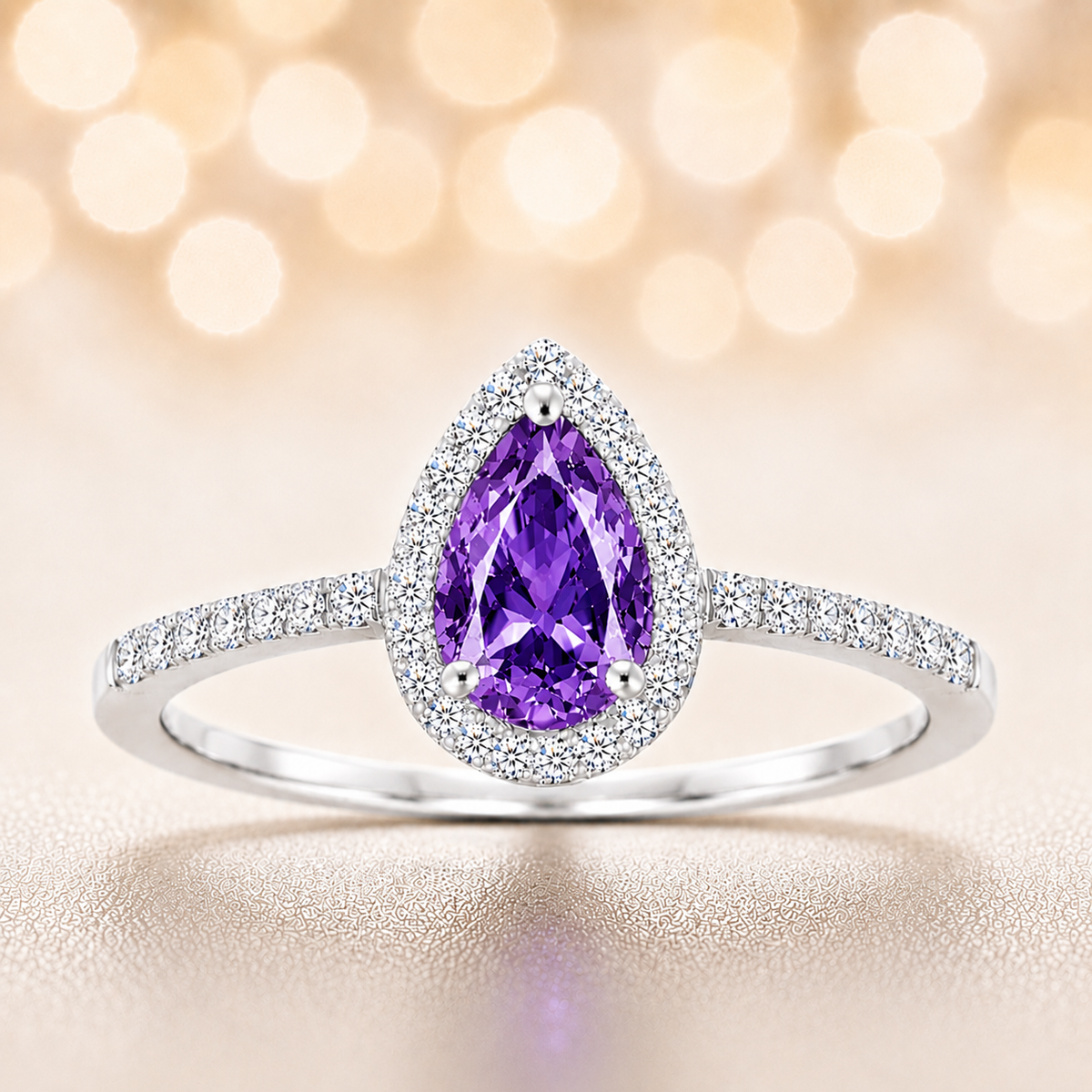 Purple sapphire ring with a 7×5 mm pear cut, with moissanite in white gold-plated 925 silver. Elegant and timeless for daily wear. Available now at BSI Jewelry.