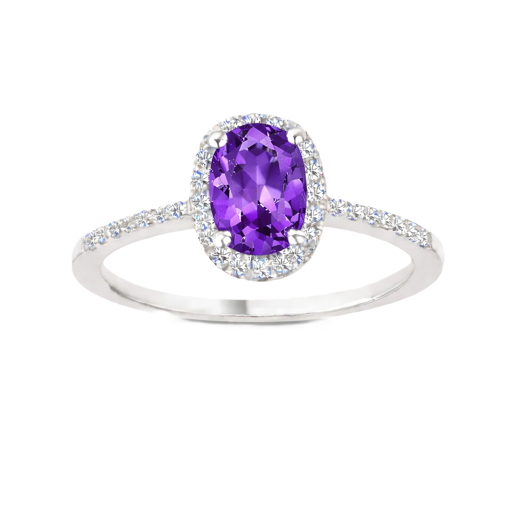 Purple sapphire ring with a 7×5 mm oval cut in white gold-plated 925 silver, with moissanite. Elegant and refined for daily wear. Available now at BSI Jewelry.