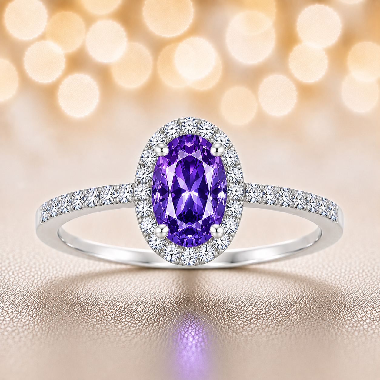 Purple sapphire ring with a 7×5 mm oval cut in white gold-plated 925 silver, with moissanite. Elegant and refined for daily wear. Available now at BSI Jewelry.