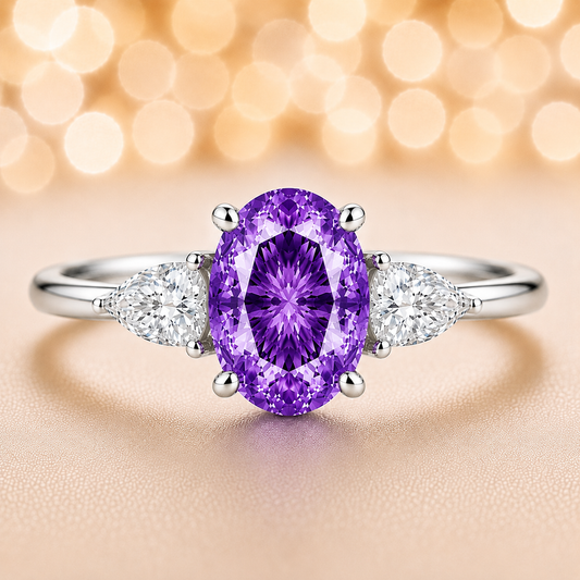 Purple sapphire ring with 7×5 mm oval center in white gold-plated 925 silver. Hypoallergenic silver for comfortable daily wear. Available now at BSI Jewelry.