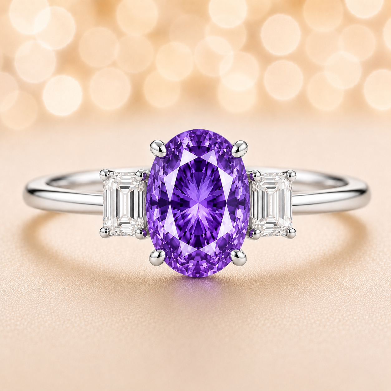 Purple sapphire ring with 7×5 mm oval center and 5×3 mm moissanite sides in white gold-plated 925 silver. Elegant and refined. Available now at BSI Jewelry.