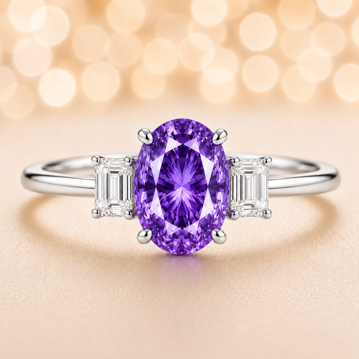 Purple sapphire ring with 7×5 mm oval center and 5×3 mm moissanite sides in white gold-plated 925 silver. Elegant and refined. Available now at BSI Jewelry.
