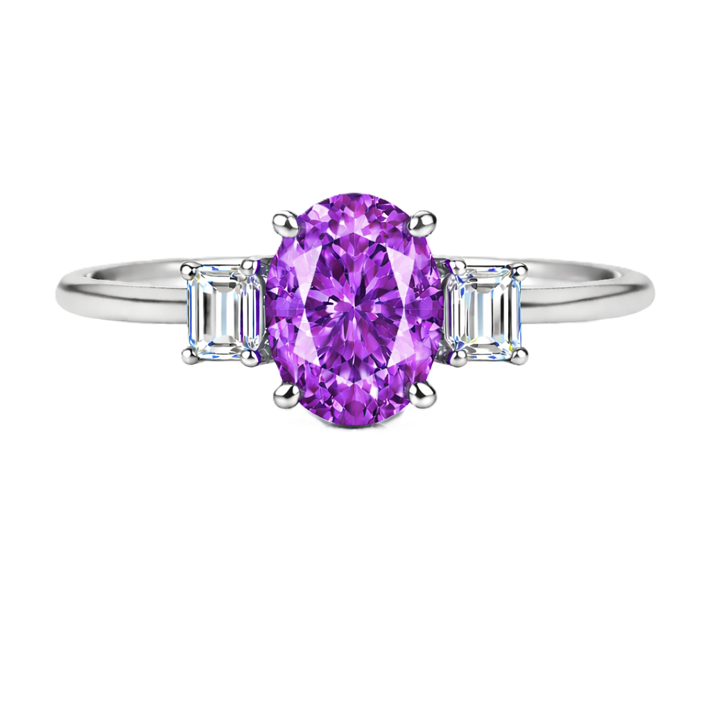 Purple sapphire ring with 7×5 mm oval center and 5×3 mm moissanite sides in white gold-plated 925 silver. Elegant and refined. Available now at BSI Jewelry.