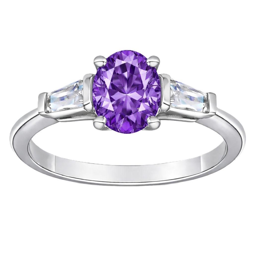 Purple sapphire ring with 7×5 mm oval center in white gold-plated 925 silver. Elegant, unique, and hypoallergenic. Available now at BSI Jewelry.