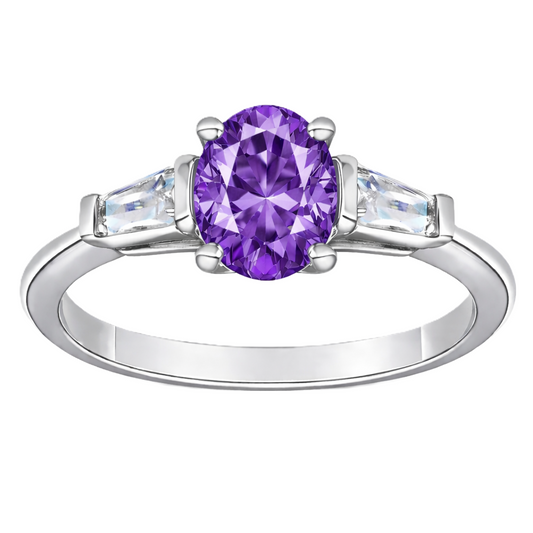 Purple sapphire ring with 7×5 mm oval center in white gold-plated 925 silver. Elegant, unique, and hypoallergenic. Available now at BSI Jewelry.