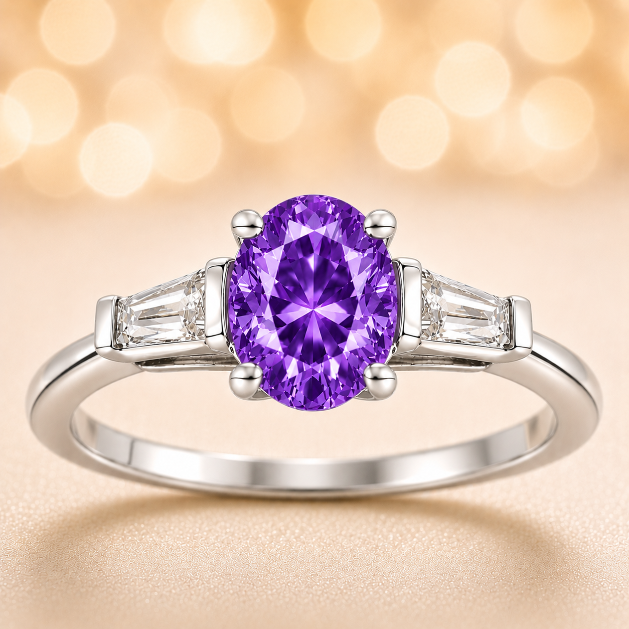 Purple sapphire ring with 7×5 mm oval center in white gold-plated 925 silver. Elegant, unique, and hypoallergenic. Available now at BSI Jewelry.