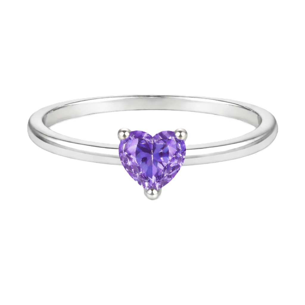 Purple sapphire solitaire ring with a 5 mm heart in white gold-plated 925 silver. Elegant, minimal, and timeless for daily wear. Available now at BSI Jewelry.
