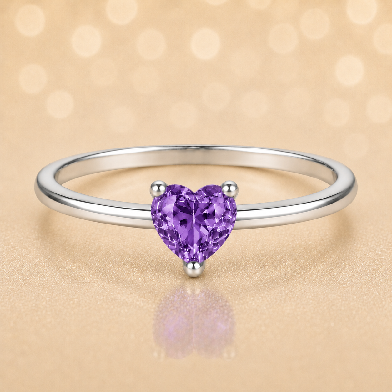 Purple sapphire solitaire ring with a 5 mm heart in white gold-plated 925 silver. Elegant, minimal, and timeless for daily wear. Available now at BSI Jewelry.