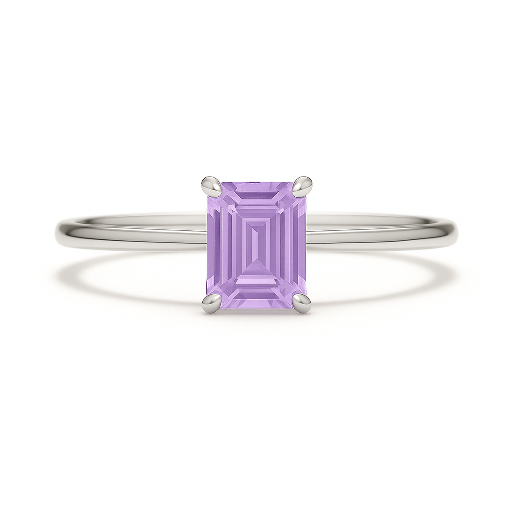 Elegant 6×4 mm emerald-cut purple sapphire ring crafted in white gold-plated 925 silver with palladium alloy. Timeless brilliance. Available now at BSI Jewelry.