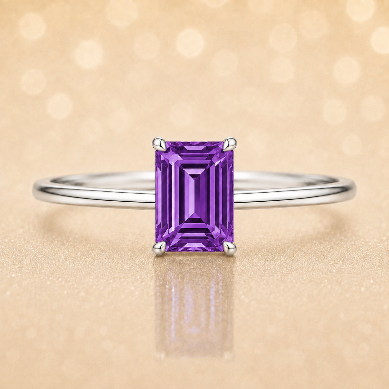 Elegant 6×4 mm emerald-cut purple sapphire ring crafted in white gold-plated 925 silver with palladium alloy. Timeless brilliance. Available now at BSI Jewelry.