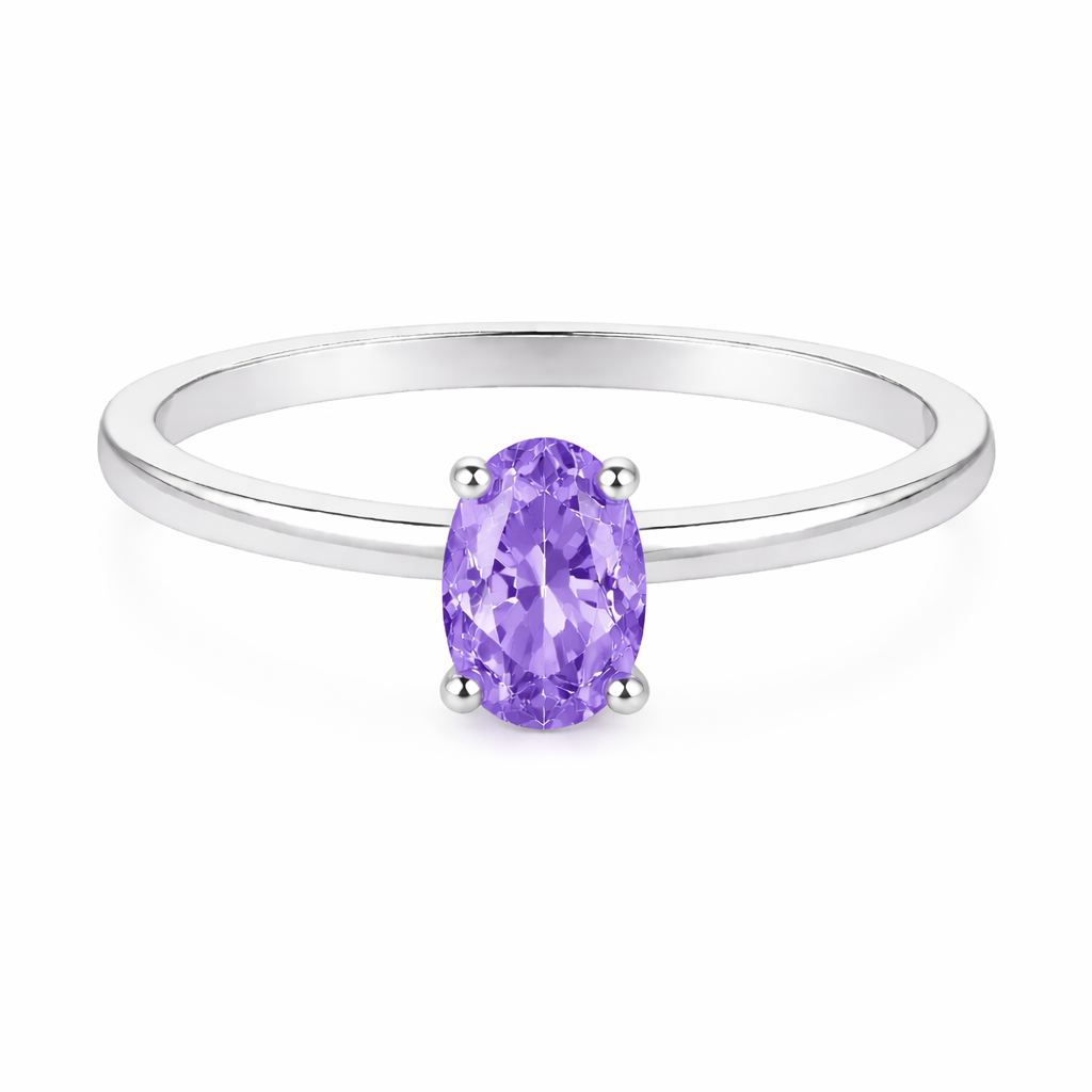 Purple sapphire solitaire ring with a 6×4 mm oval in white gold-plated 925 silver. Elegant, minimal, and timeless for daily wear. Available now at BSI Jewelry.