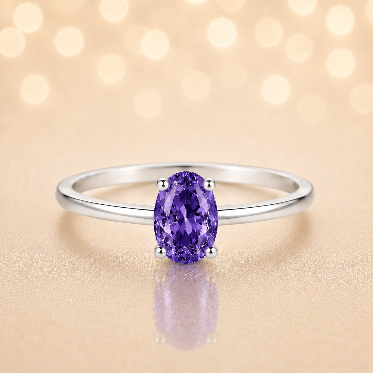 Purple sapphire solitaire ring with a 6×4 mm oval in white gold-plated 925 silver. Elegant, minimal, and timeless for daily wear. Available now at BSI Jewelry.