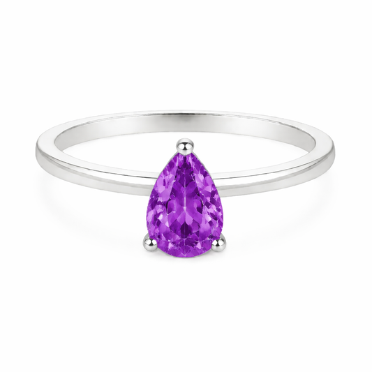 Purple sapphire solitaire ring with a 6×4 mm pear in white gold-plated 925 silver. Elegant, minimal, and timeless for daily wear. Available now at BSI Jewelry.