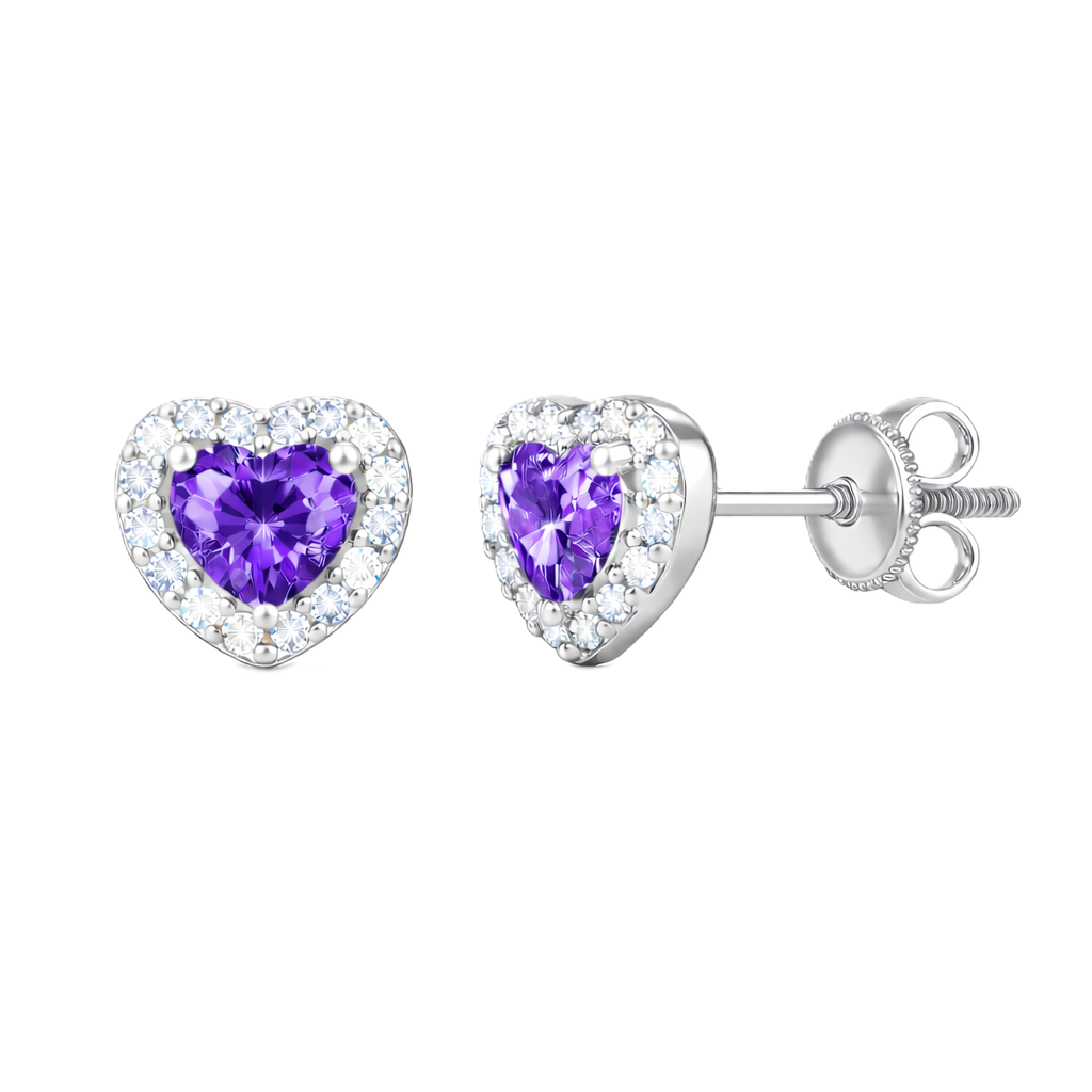 Purple sapphire stud earrings with 4 mm heart cut in white gold-plated 925 silver, accented with moissanite and screw-back posts. Available now at BSI Jewelry.