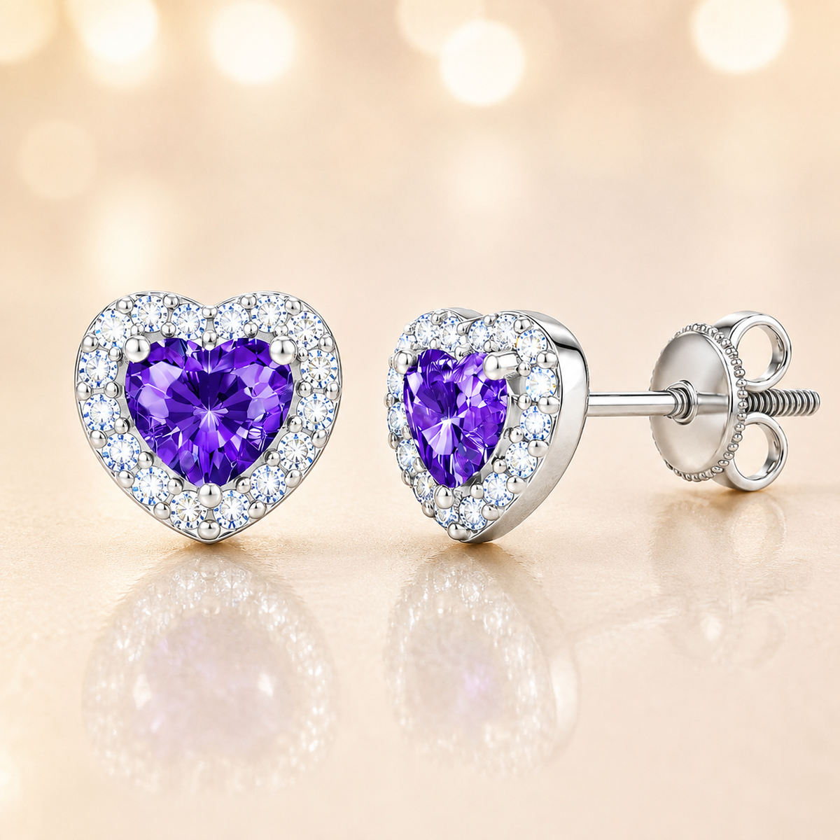 Purple sapphire stud earrings with 4 mm heart cut in white gold-plated 925 silver, accented with moissanite and screw-back posts. Available now at BSI Jewelry.