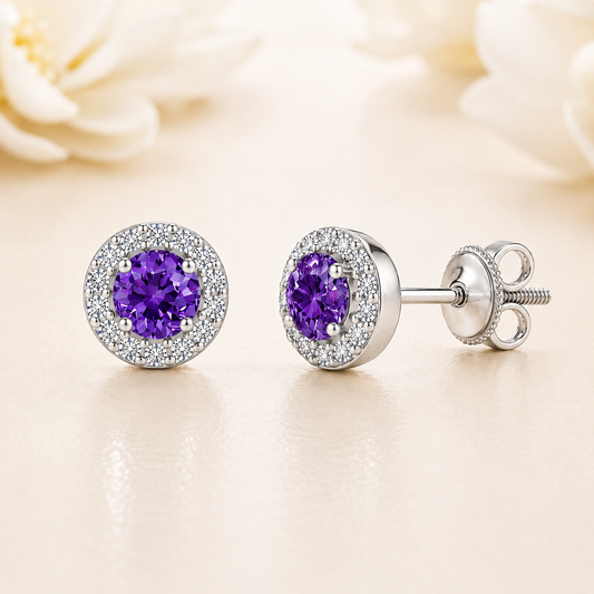 Purple sapphire stud earrings with 4 mm round cut in white gold-plated 925 silver, accented with moissanite and screw-back posts. Available now at BSI Jewelry.