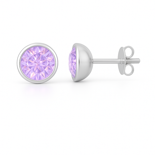 Purple sapphire stud earrings with 5 mm round stones, crafted in white gold-plated 925 silver. Elegant sparkle and refined charm. Available now at BSI Jewelry.