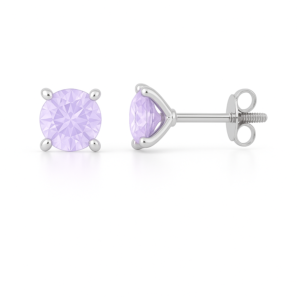 Purple sapphire stud earrings in 5 mm round brilliant cut, crafted in white gold-plated 925 silver. Hypoallergenic and elegant for daily wear. Available now at BSI Jewelry.
