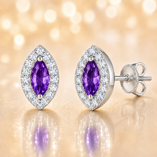 Purple sapphire stud earrings with 5×2.5 mm marquise in white gold-plated 925 silver, accented with moissanite. Rich and elegant. Available now at BSI Jewelry.