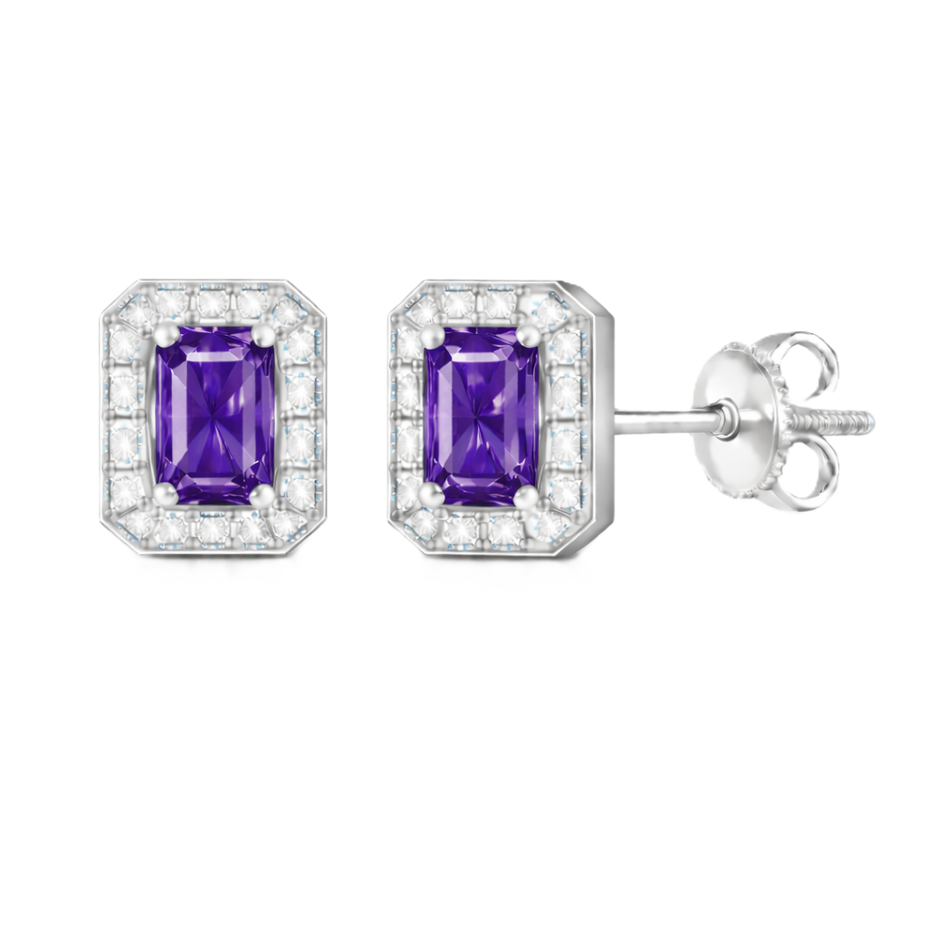 Purple sapphire stud earrings with 5×3 mm emerald in white gold-plated 925 silver, accented with moissanite and screw-back posts. Available now at BSI Jewelry.