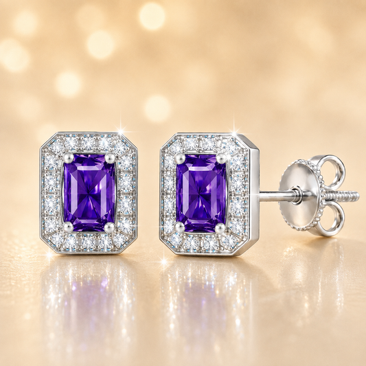 Purple sapphire stud earrings with 5×3 mm emerald in white gold-plated 925 silver, accented with moissanite and screw-back posts. Available now at BSI Jewelry.