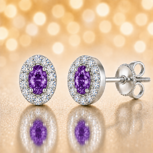Purple sapphire stud earrings with 5×3 mm oval in white gold-plated 925 silver, accented with moissanite and secure screw-back posts. Available now at BSI Jewelry.