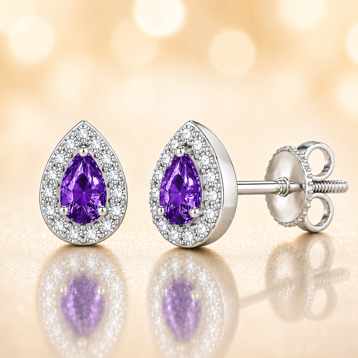 Purple sapphire stud earrings with 5×3 mm pear in white gold-plated 925 silver, accented with moissanite and secure screw-back posts. Available now at BSI Jewelry.