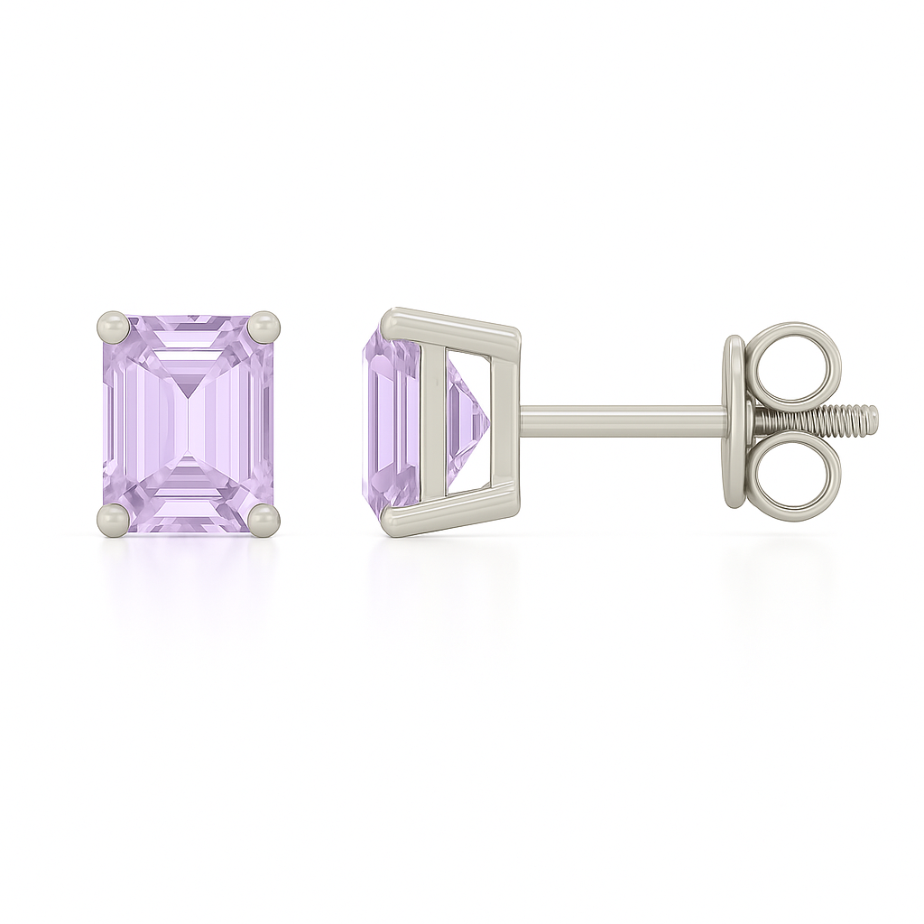 Purple sapphire stud earrings with 6×4 mm emerald-cut stones, crafted in white gold-plated 925 silver with palladium-added alloy. Available now at BSI Jewelry.