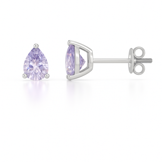 Purple sapphire stud earrings in 6×4 mm pear cut, crafted in white gold-plated 925 silver. Hypoallergenic and elegant for daily wear. Available now at BSI Jewelry.