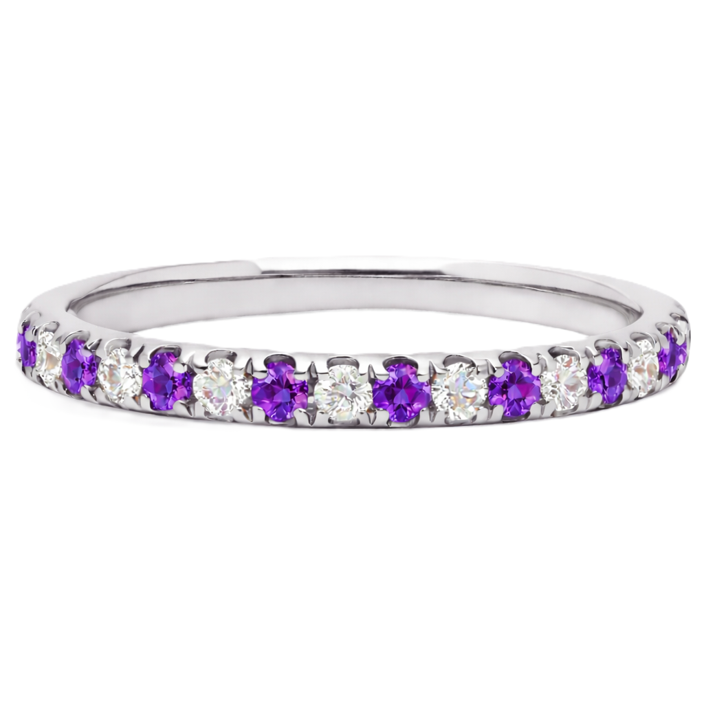 Purple sapphire wedding band with 1.80 mm round-cut stones, crafted in white gold-plated 925 silver and accented with moissanite. Available now at BSI Jewelry.