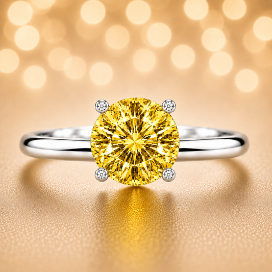 6 mm round yellow sapphire engagement ring in white gold-plated 925 silver. Radiant, hypoallergenic, and elegant. Available now at BSI Jewelry.