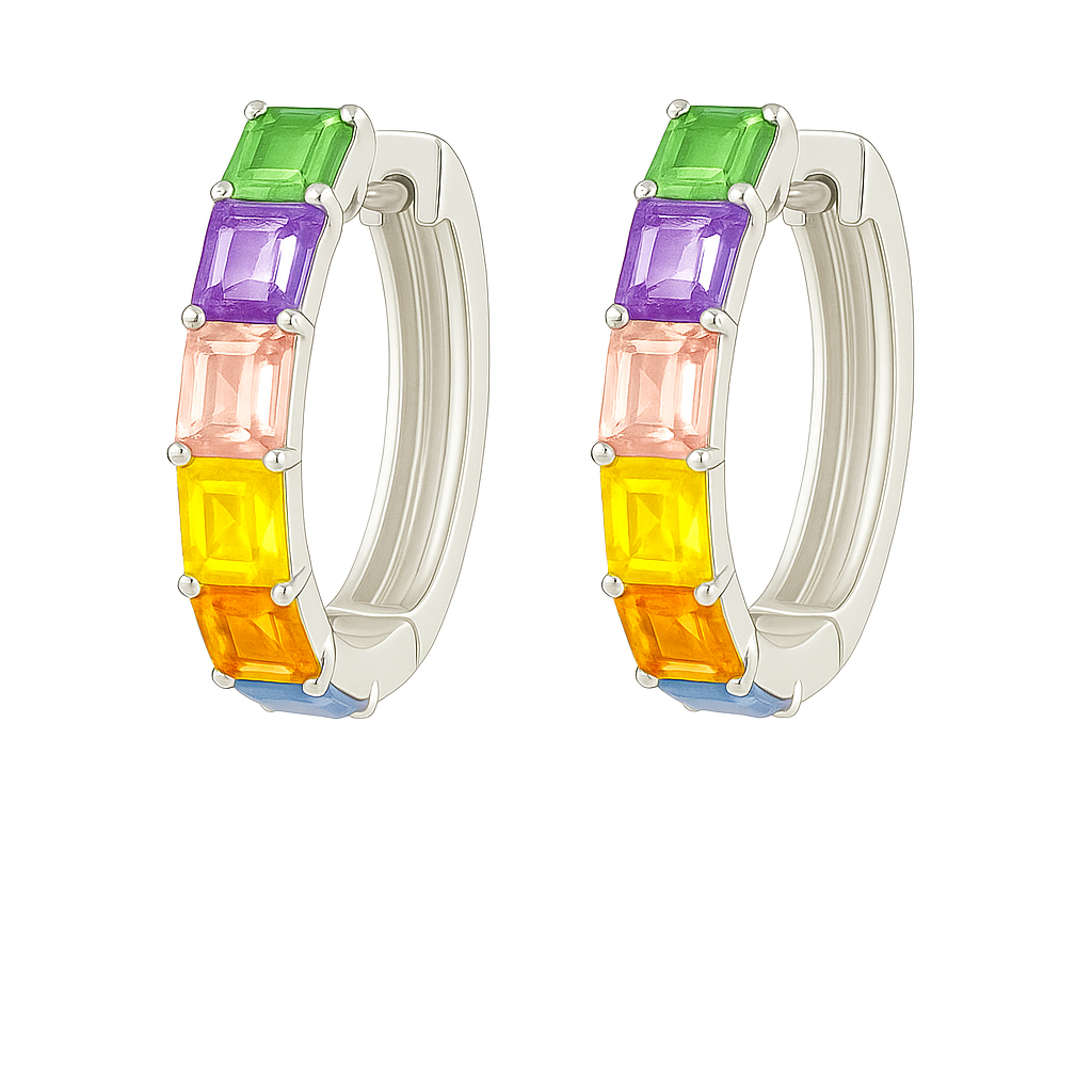 Elegant rainbow sapphire huggie earrings with 4×3 mm emerald-cut stones, crafted in white gold-plated 925 silver with palladium-added alloy. Now at BSI Jewelry.