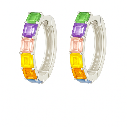 Elegant rainbow sapphire huggie earrings with 4×3 mm emerald-cut stones, crafted in white gold-plated 925 silver with palladium-added alloy. Now at BSI Jewelry.