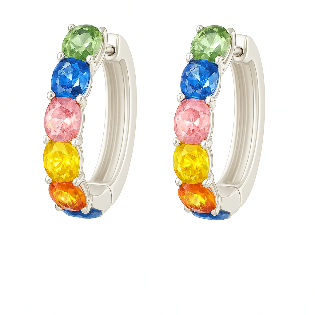 Vibrant rainbow sapphire huggie earrings with 4×3 mm oval-cut stones, crafted in white gold-plated 925 silver with palladium-added alloy. Now at BSI Jewelry.