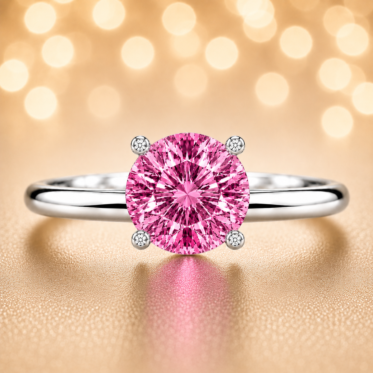 Pink sapphire engagement ring featuring a 6 mm round gemstone in white gold-plated 925 silver. Romantic, hypoallergenic, and elegant for everyday wear. Available now at BSI Jewelry.